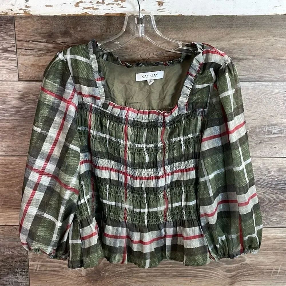 KAY + JAY Bubble Sleeve Smocked Ruffled Cropped Blouse SZ Small Dark Green Red